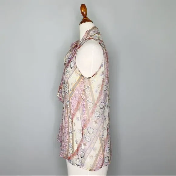 DREW Silk chiffon Multicolor Paisley Pussy Bow Tie Neck Snap Back Tank Size XS - Picture 6 of 10